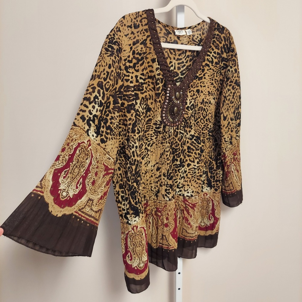 Cato Woman Leopard Paisley Beaded Pleated Tunic Top Brown Plus 18/20W Bohemian